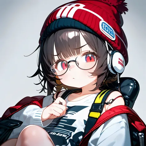 (best quality,masterpiece:1.3),((cute 1 girl:1.2)),(,8 years old:1.4), expressive eyes, perfect face, eye (red), Simple White Headphones, beanie (black) , messy hair Black, Round Glasses Black, Shoulder bag, oversize shirt