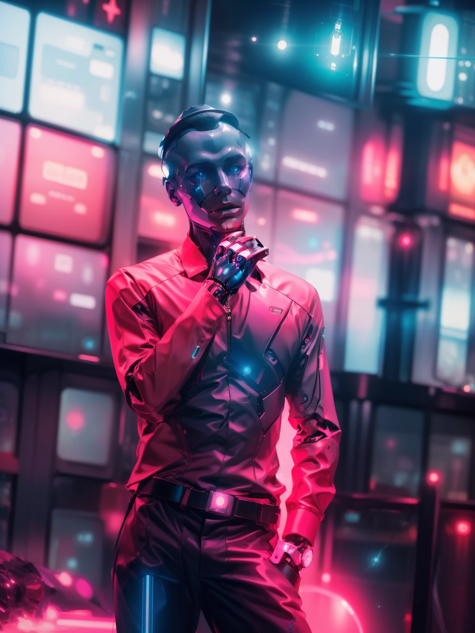 Half-man, half-robot, with cyber implants, against the backdrop of a spaceship, in a round metal hat, neon lights and reflections around, professional photo shoot, part of the photo is filled with neon smoke