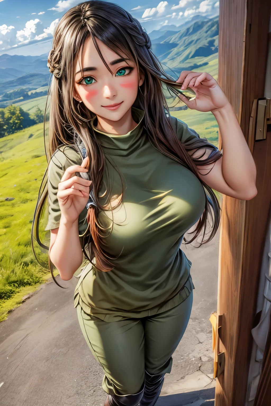 ((best quality)), ((Highly detailed)), Masterpiece, nonsense, detailed face, Beautiful face, (Detailed eyes, deep eyes), (1 girl), , in, inliel tu odelschwanck, aqua hair, long hair, hair between the eyes, hazel eyes, skull, face mark, big breasts, (((green clothes))), (), short sleeve, Barefoot, (at the altar, twilight), stand, pullover, vest, trousers, military uniform, Black Knight Armor, boots, holding a spear, full body, smile, fun