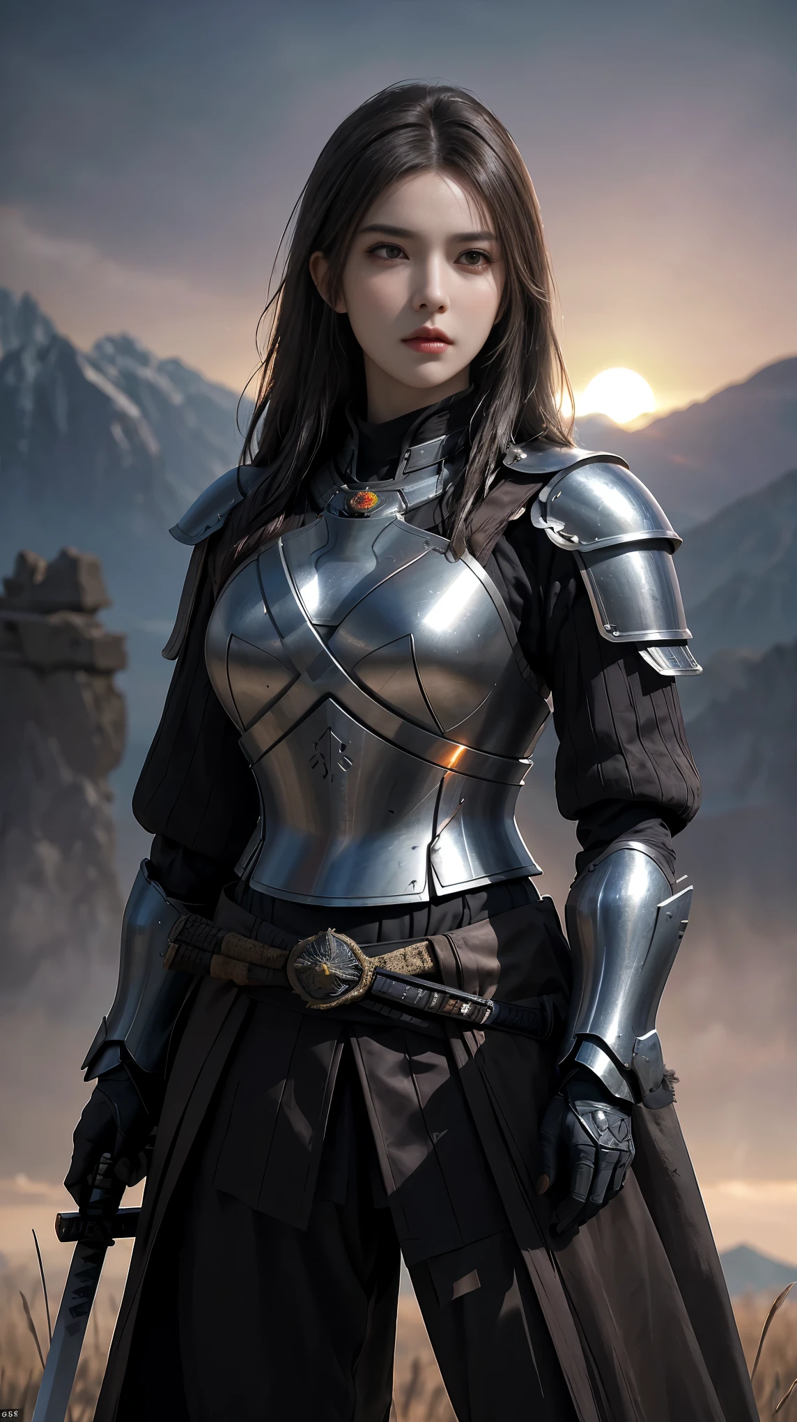 A fully armed warrior standing on a desolate field,backlit by the setting sun,gripping a sharp katana sword, determined eyes,warrior armor,sturdy armor,medieval armor,armor details,complex armor design,stoic stance,desolate landscape,sunset backdrop,detailed landscape,clear skies,best quality,4k,8k,highres,masterpiece:1.2,ultra-detailed,realistic,photorealistic,photo-realistic:1.37,HDR,UHD,studio lighting,ultra-fine painting,sharp focus,professional,portrait,sci-fi,vivid colors,warm color tones, dramatic lighting