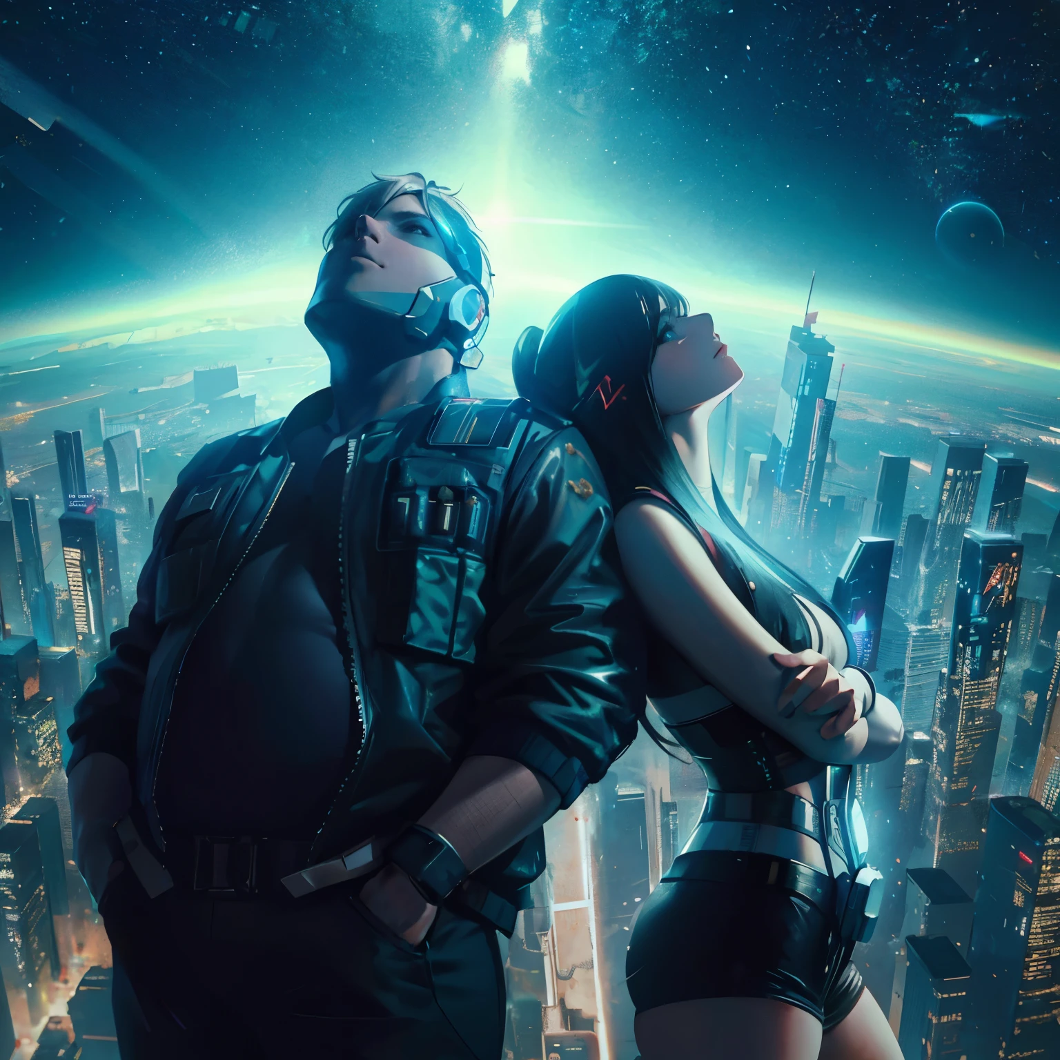 32k, Híper realista, escena cinematográfica, mejor escena romántica, buscando, Mirando hacia adelante, hombre regordete y mujer delgada de pie apoyándose el uno al otro en direcciones opuestas tema cyberpunk, Tierra y espacio como fondo, hermosas vistas de la galaxia, cara hiper detallada, entorno detallado, tema cyberpunk detallado