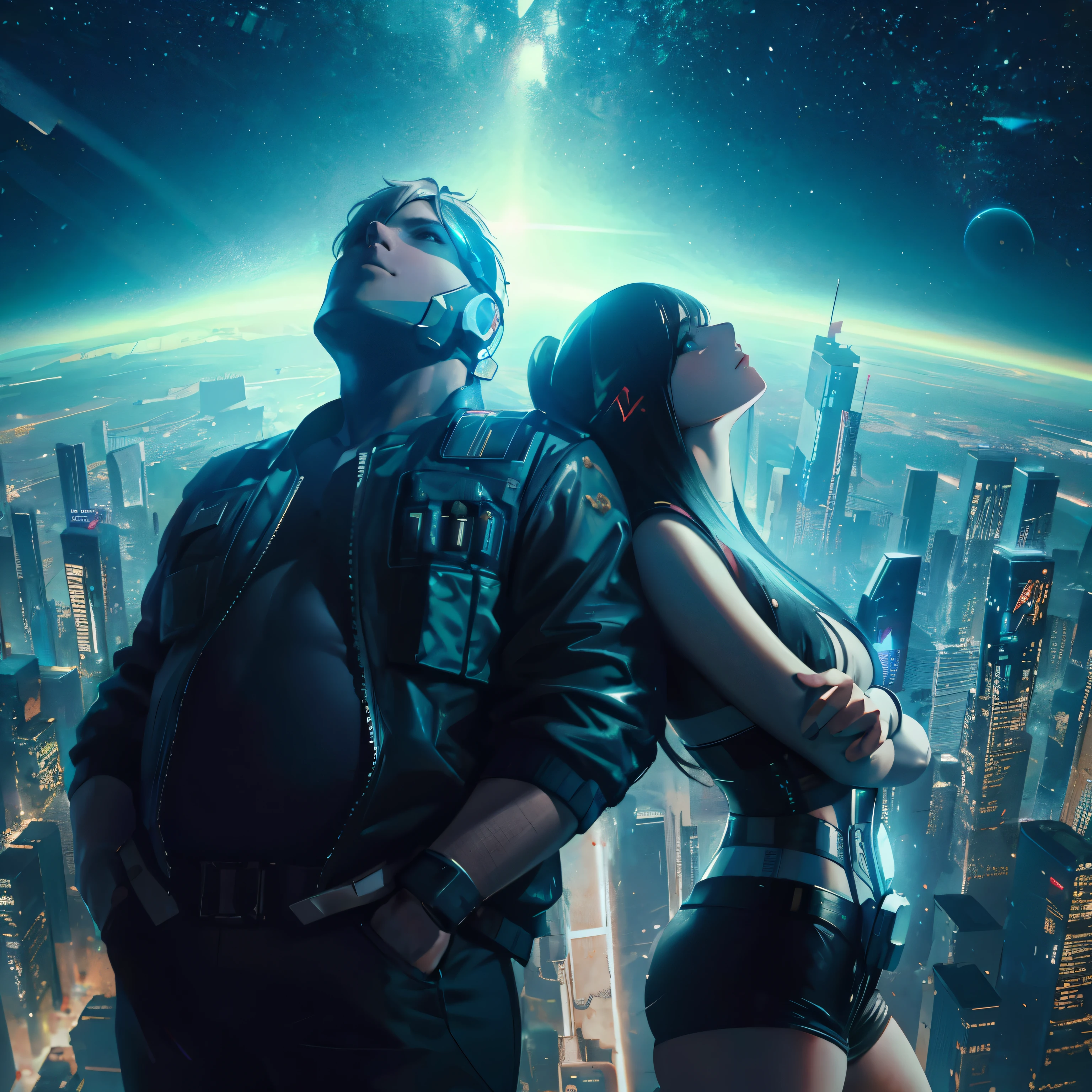 32k, Hyper Realistic, Cinematic scene, best romantic scene, looking up, facing foward, chubby man and slim woman standing lean each other in opposite directions cyberpunk theme, Earth and space as background, beautiful galaxy views, Hyper detailed face, detailed environment, detailed cyberpunk theme