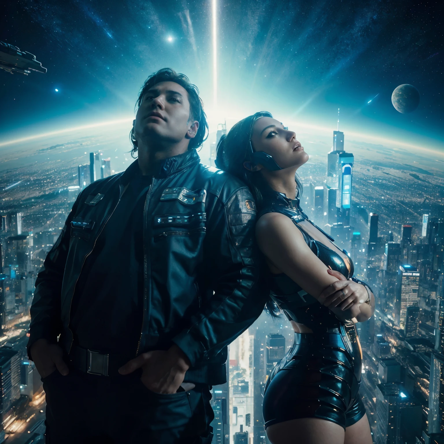 32k, Híper realista, escena cinematográfica, mejor escena romántica, buscando, Mirando hacia adelante, hombre regordete y mujer delgada de pie apoyándose el uno al otro en direcciones opuestas tema cyberpunk, Tierra y espacio como fondo, hermosas vistas de la galaxia, Caras hiperdetalladas, ojos detallados, labios detallados, dedos detallados, entorno detallado, tema cyberpunk detallado