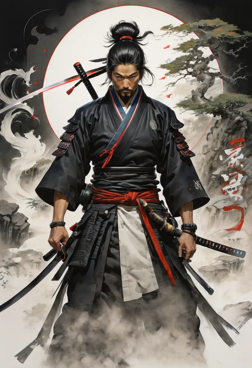 arcane samurai, by Yoshitaka Amano, best quality, masterpiece, 8k)