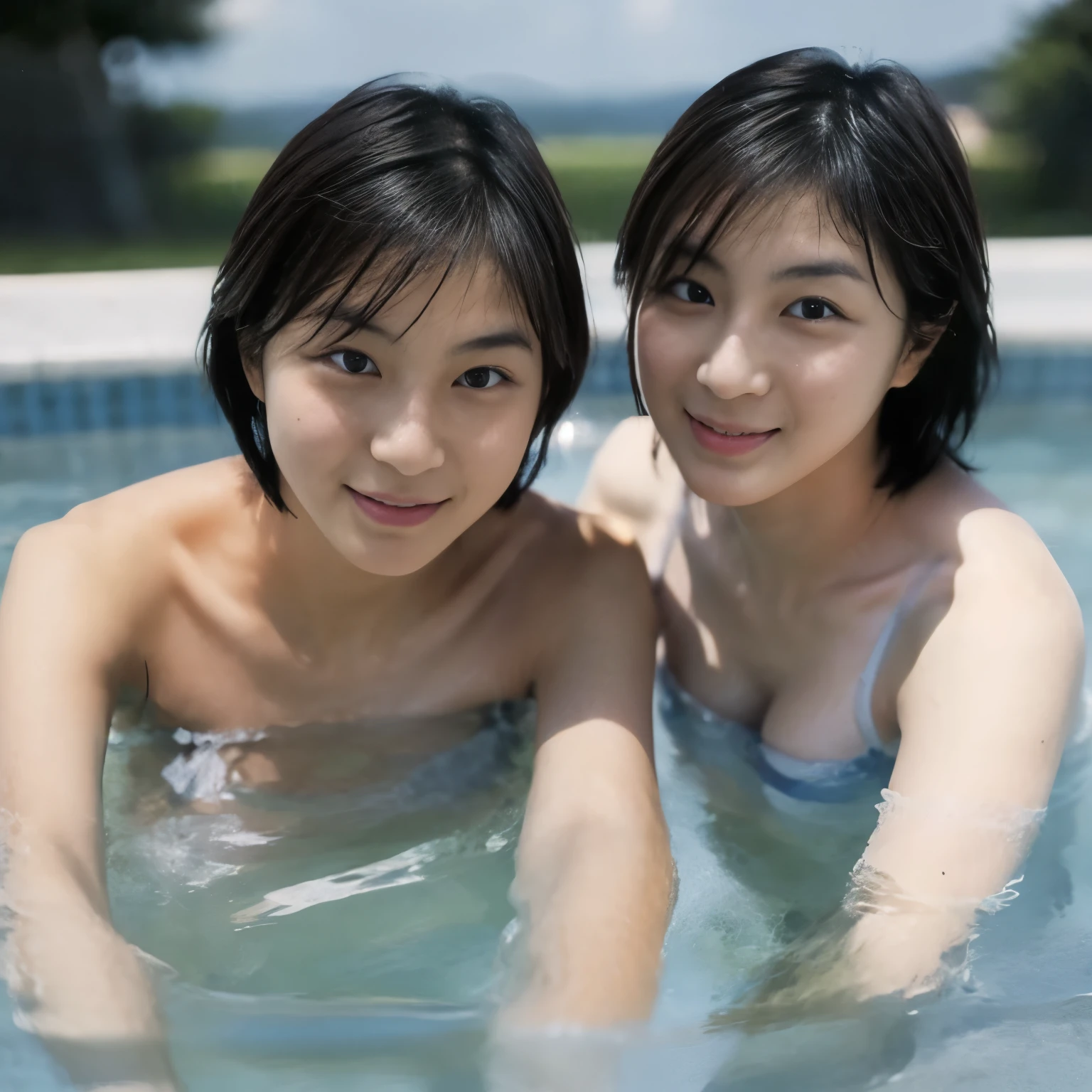 Japanese Twin Girls Nude - Two asian women in a pool with their arms around each other - SeaArt AI