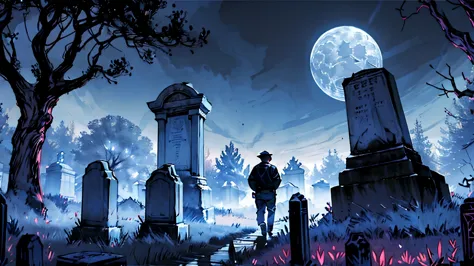 cemetery security guard walks through a gloomy cemetery full of ghoulish trees and ancient tombs on a full moon night, encounter...