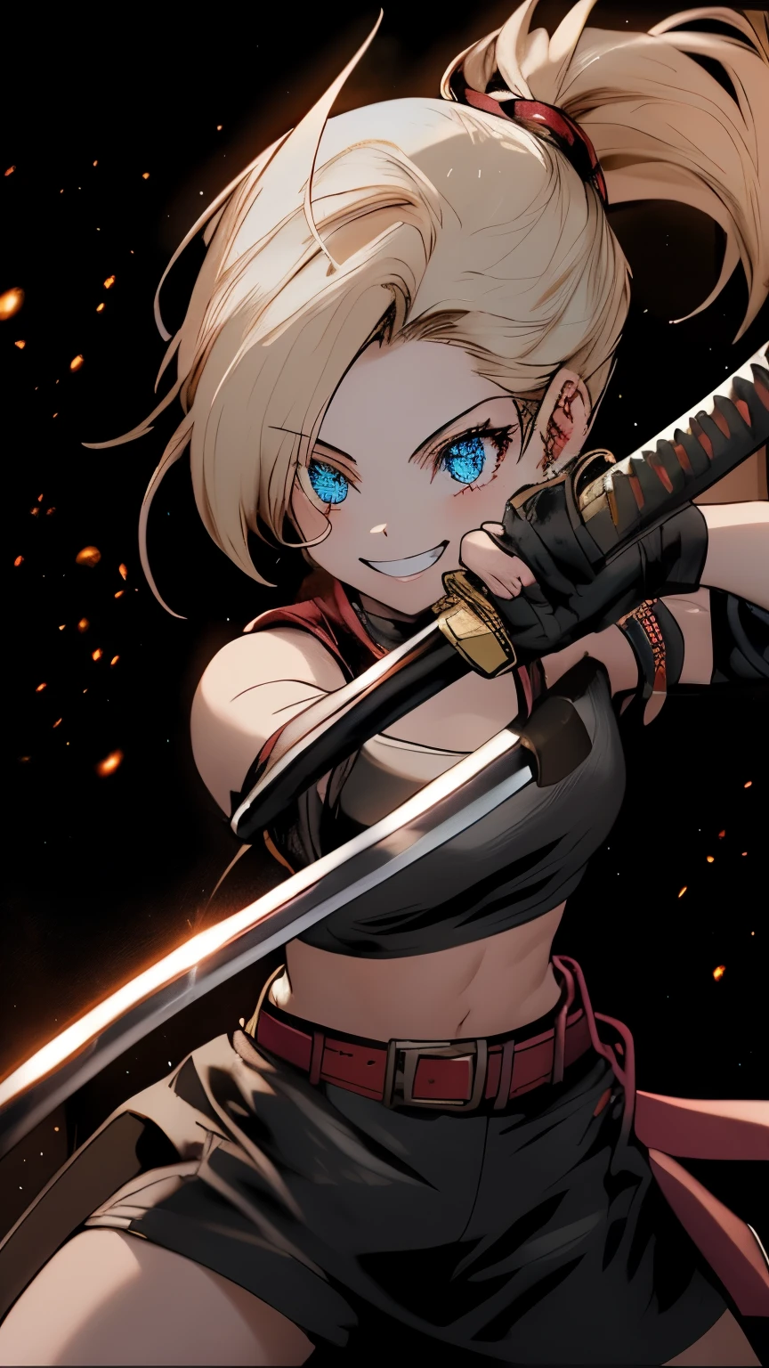 fille tenant un katana, Sourire parfait, pose de combat, maigre, Gants sans doigts, des mains parfaites, Katana parfait, Katana brillant 