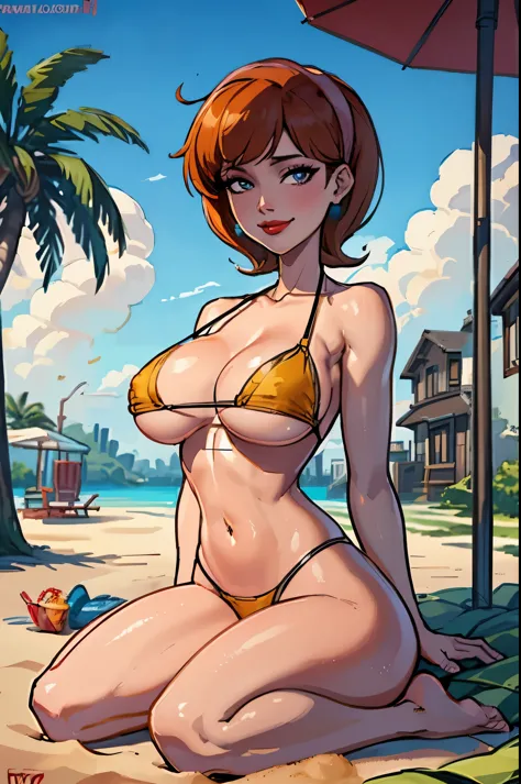 (masterpiece, best quality:1.2), linda_flynn-fletcher, 1girl, jewelry, earrings, solo, lipstick, hairband, makeup, breasts, large breasts, orange hair, short hair, crossed legs,smile, sitting, outdoors, beach, day, looking at viewer, wariza, sky, closed mo...