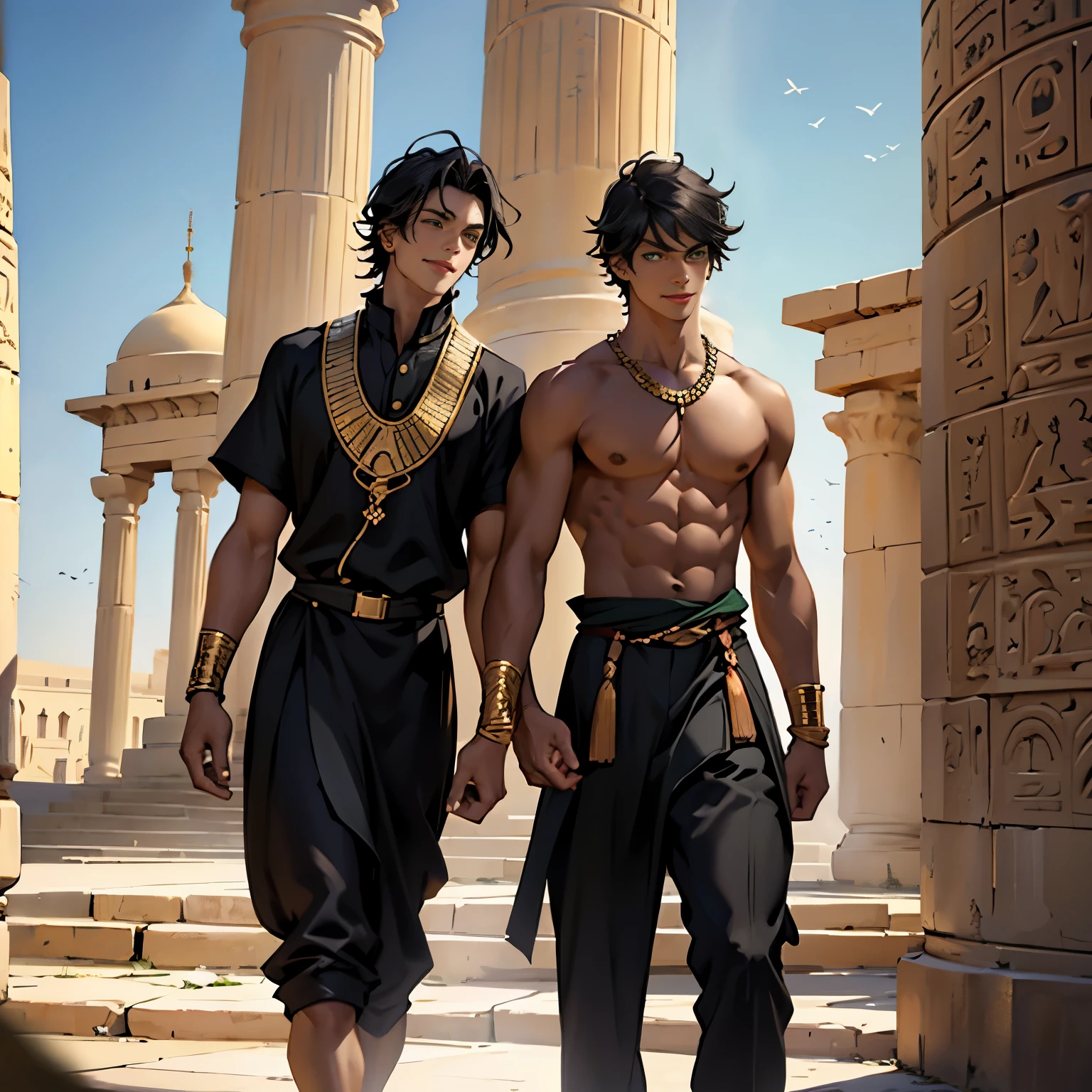 A thin 15-year-old boy with yeux verts walks smiling through the palaces of ancient Egypt, cheveux noirs, peau brune, yeux verts, vêtements noirs élégants avec de l&#39;or, une poitrine nue, et porte des bijoux en or rouge.