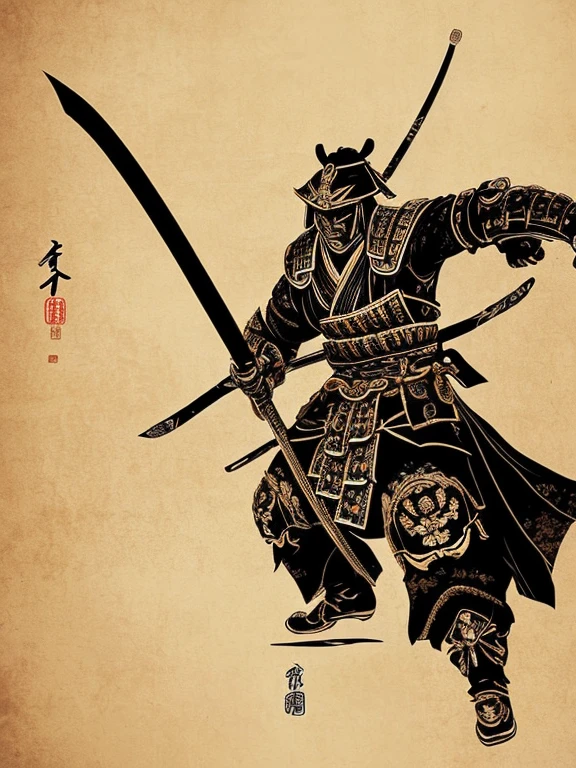 a samurai,traditional Japanese warrior, armor,sword,fierce expression,intense eyes,stoic demeanor,serene background,detailed body armor,ornamental helmet,sharp katana,dramatic pose,expert swordsmanship,ancient Japanese landscape,falling cherry blossoms,dynamic action,agile movement,samurai spirit,honor and loyalty,realistic depiction,vivid colors,high contrast lighting,shadow and highlights,emotionally charged atmosphere,ink brushstroke style,traditional Japanese calligraphy,graceful elegance,mysterious aura,endless battle,warrior's code.