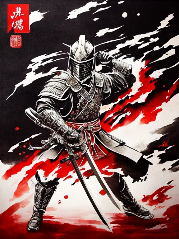 a samurai,traditional Japanese warrior, armor,sword,fierce expression,intense eyes,stoic demeanor,serene background,detailed body armor,ornamental helmet,sharp katana,dramatic pose,expert swordsmanship,ancient Japanese landscape,falling cherry blossoms,dynamic action,agile movement,samurai spirit,honor and loyalty,realistic depiction,vivid colors,high contrast lighting,shadow and highlights,emotionally charged atmosphere,ink brushstroke style,traditional Japanese calligraphy,graceful elegance,mysterious aura,endless battle,warrior's code.