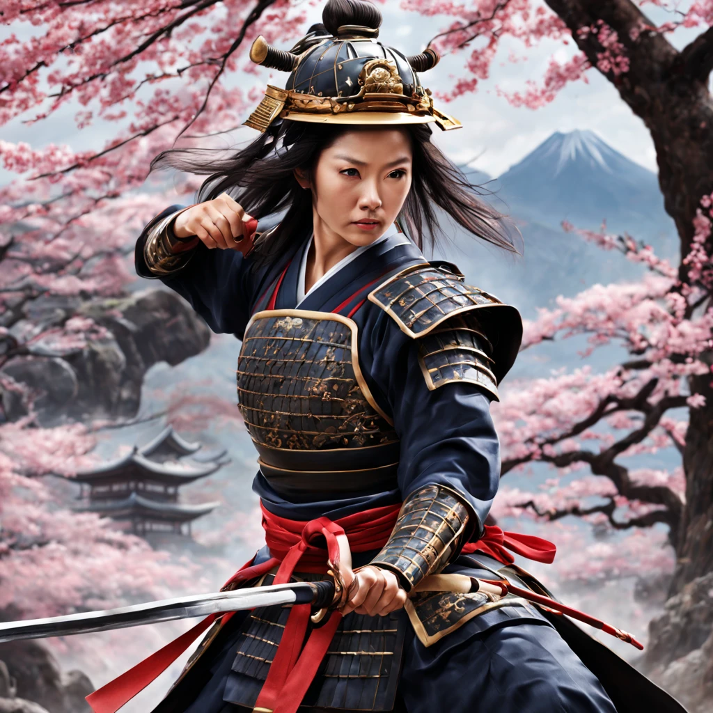 a samurai,traditional Japanese warrior, armor,sword,fierce expression,intense eyes,stoic demeanor,serene background,detailed body armor,ornamental helmet,sharp katana,dramatic pose,expert swordsmanship,ancient Japanese landscape,falling cherry blossoms,dynamic action,agile movement,samurai spirit,honor and loyalty,realistic depiction,vivid colors,high contrast lighting,shadow and highlights,emotionally charged atmosphere,ink brushstroke style,traditional Japanese calligraphy,graceful elegance,mysterious aura,endless battle,warrior's code.