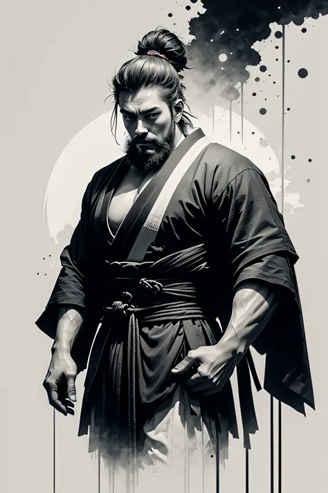 Black and white drawing of man wearing samurai costume, Vector art inspired by Kanō Hōgai, pixiv, New row added, Two plane style...