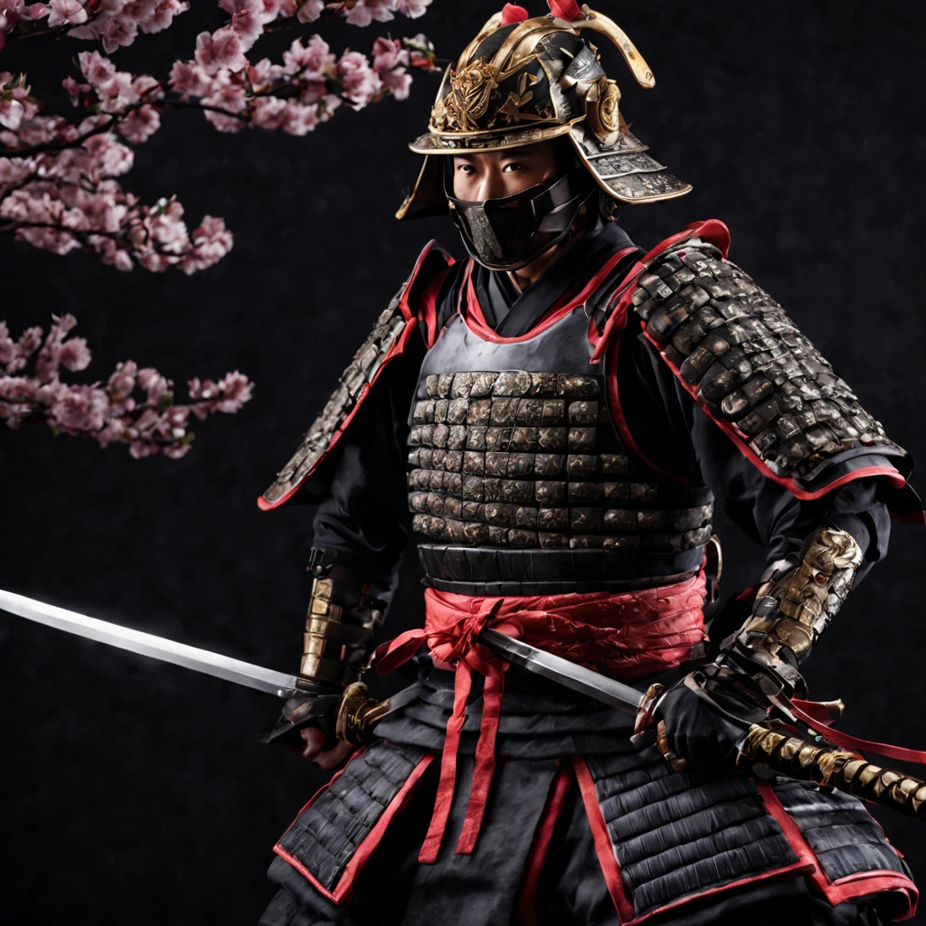 a samurai,traditional Japanese warrior, armor,sword,fierce expression,intense eyes,stoic demeanor,serene background,detailed body armor,ornamental helmet,sharp katana,dramatic pose,expert swordsmanship,ancient Japanese landscape,falling cherry blossoms,dynamic action,agile movement,samurai spirit,honor and loyalty,realistic depiction,vivid colors,high contrast lighting,shadow and highlights,emotionally charged atmosphere,ink brushstroke style,traditional Japanese calligraphy,graceful elegance,mysterious aura,endless battle,warrior's code.