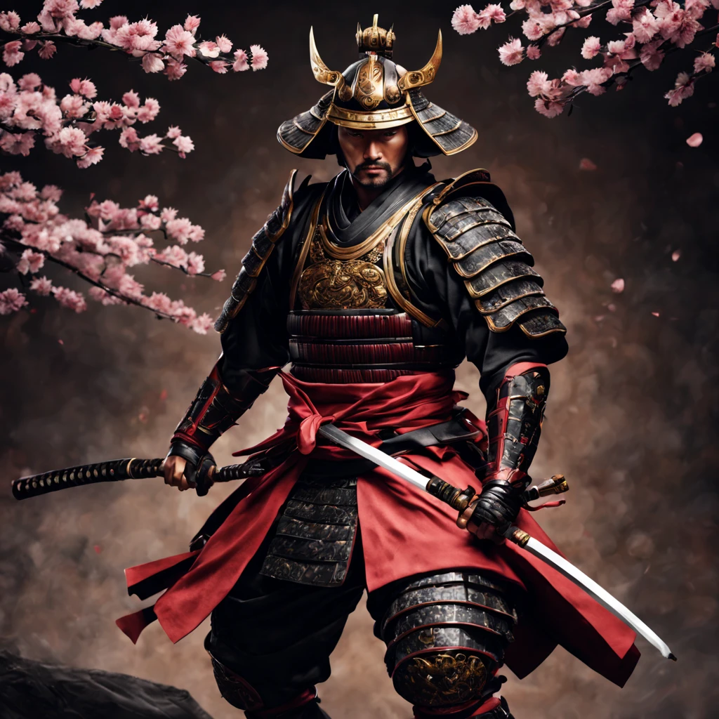 a samurai,traditional Japanese warrior, armor,sword,fierce expression,intense eyes,stoic demeanor,serene background,detailed body armor,ornamental helmet,sharp katana,dramatic pose,expert swordsmanship,ancient Japanese landscape,falling cherry blossoms,dynamic action,agile movement,samurai spirit,honor and loyalty,realistic depiction,vivid colors,high contrast lighting,shadow and highlights,emotionally charged atmosphere,ink brushstroke style,traditional Japanese calligraphy,graceful elegance,mysterious aura,endless battle,warrior's code.