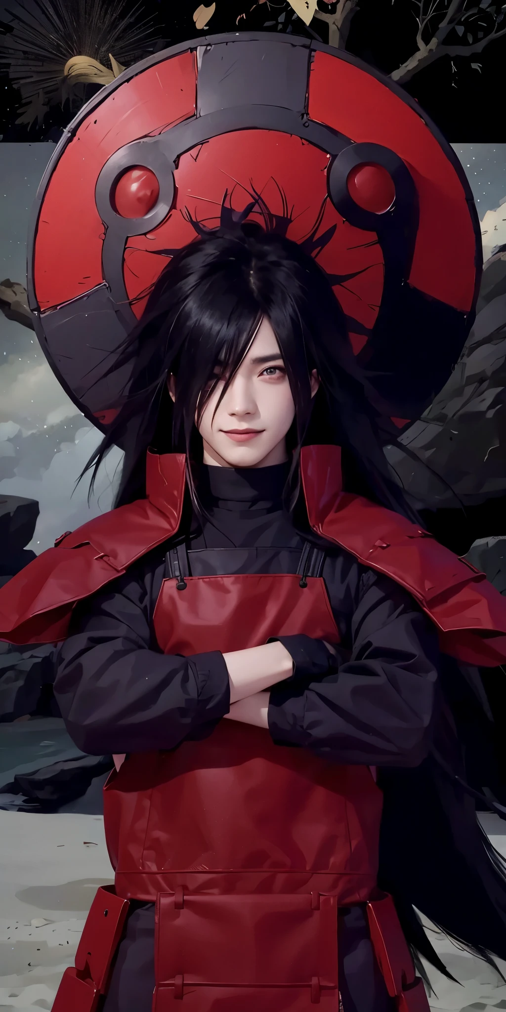1 male, cartoon《naruto》Uchiha spot, long hair , black hair, red eyes, Handsome, Smile, red clothes, actual clothes, Detail clothes, beach city background, Ultra-detailed, actual