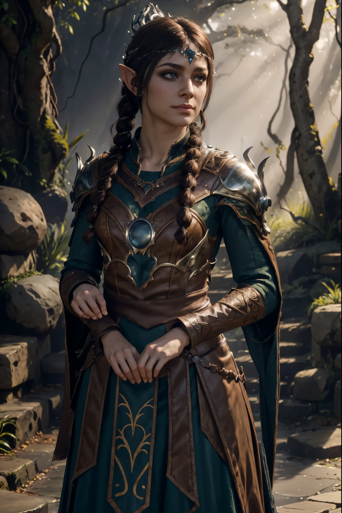 (best quality,4k,8k,highres,masterpiece:1.2),ultra-detailed,realistic:1.37,Shadowheart from Baldur's Gate,elven ranger,beautiful detailed blue eyes,radiant smile,flowing chestnut hair,serious expression,fierce determination,charismatic aura,ornate elven armor with intricate patterns,sharp elven longbow,elven arrow quiver,forest backdrop,soft sunlight filtering through trees,mysterious shadows dancing on her face,vivid colors,subtle warm color palette,portraits,dark fantasy aesthetic,studio lighting