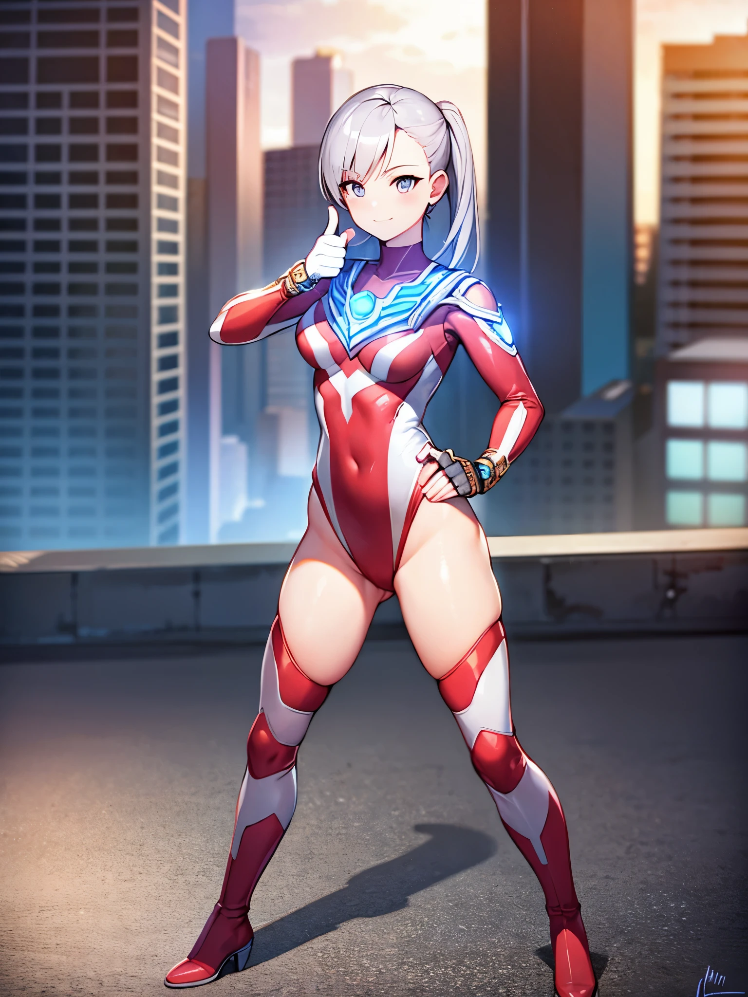 extremely detailed CG unreal engine 8k, best quality, (detailed fingers, detailed hands, detailed face), all intricate, 1girl, beautiful detailed girl, (ultragirl :1.0), ultraman bodysuit, leotard, bare legs, knee boots, upper body, smile, thumbs up, stylish posing, hand on hip, standing, detailed buildings behind, outside