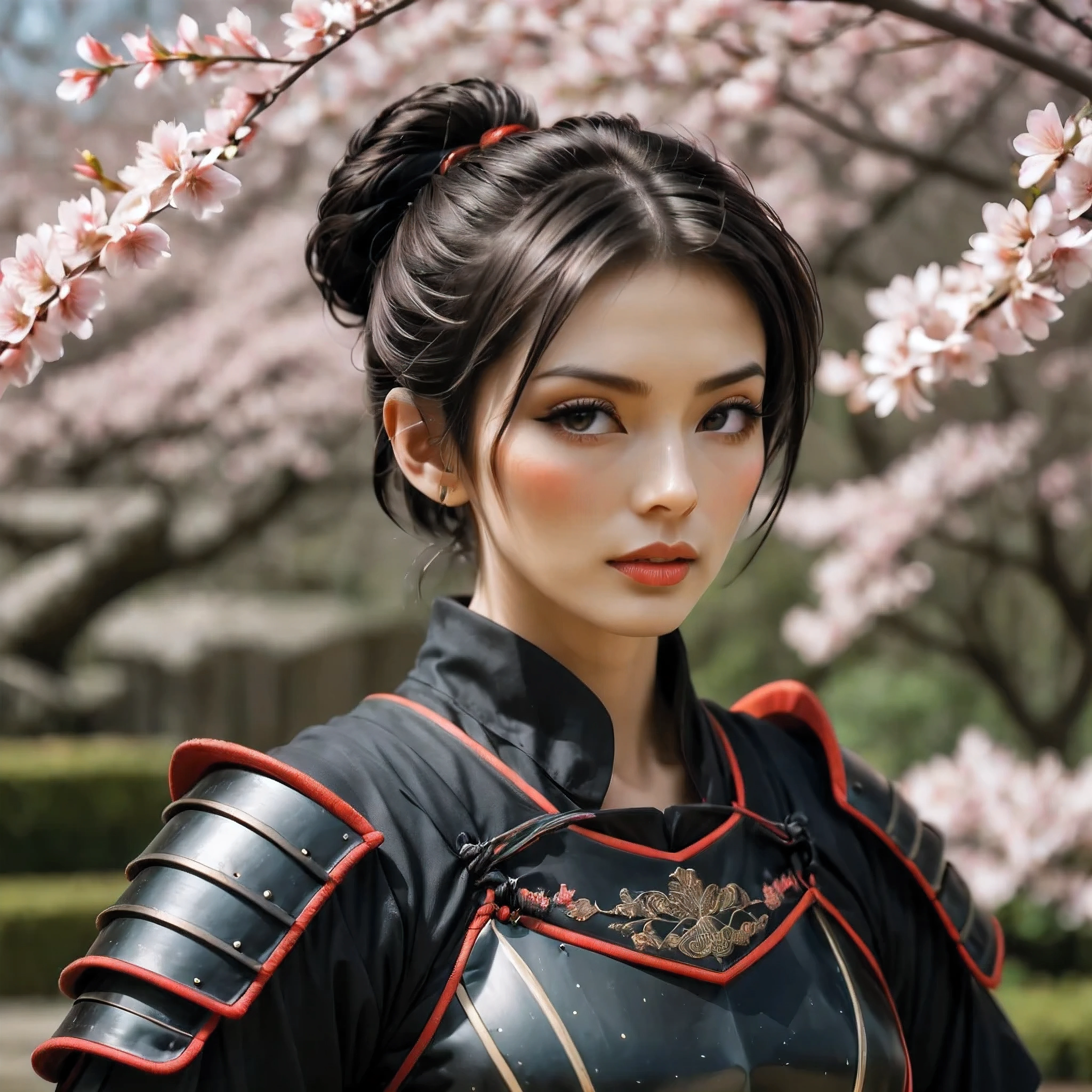 ((Close up):1.1), Photograph of Mature Beauty, golden ratio face, perfect face, fine art piece, smooth lines, Express expressions and postures through color contrast, emphasize light, shadow and space. figurative art, Dress neatly, sexy photograph, background is a sakura flower garden, (best quality, 4K, 8k, high resolution,masterpiece:1.2) ,(actual, photoactual, photo-actual:1.37). | Fresh Japan Beauty, (((Beautiful Black Hair))), (short ponytail hair style), ((beauty marks)), ((wearing samurai armor):1.4).