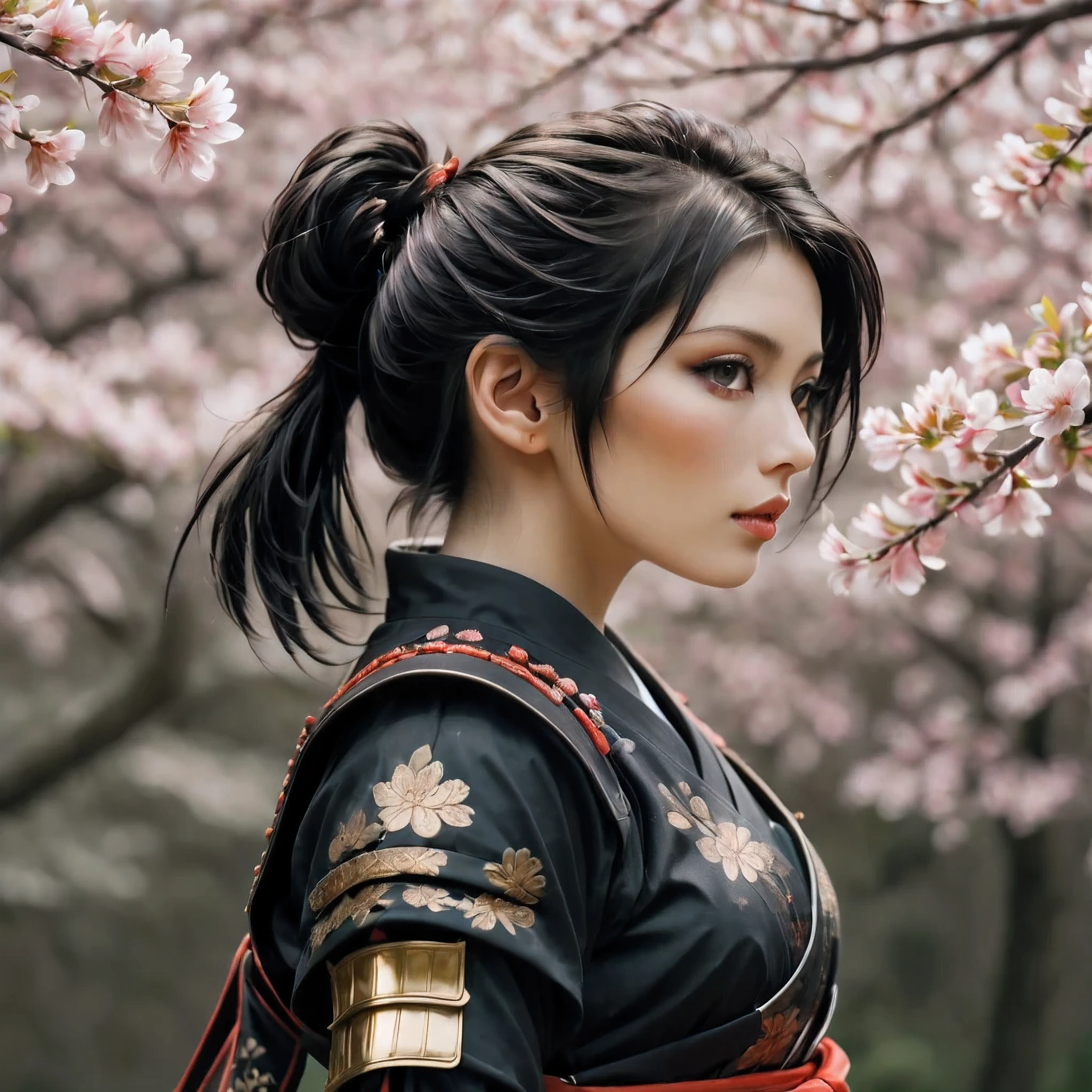 ((Close up):1.1), Photograph of Mature Beauty, golden ratio face, perfect face, fine art piece, smooth lines, Express expressions and postures through color contrast, emphasize light, shadow and space. figurative art, Dress neatly, sexy photograph, background is a sakura flower garden, (best quality, 4K, 8k, high resolution,masterpiece:1.2) ,(actual, photoactual, photo-actual:1.37). | Fresh Japan Beauty, (((Beautiful Black Hair))), (short ponytail hair style), ((beauty marks)), ((wearing samurai armor):1.4). | ((perfect_pose)), ((looking dreamily into the distance)), perfect_fingers, perfect_legs, perfect_hands, More Detail.