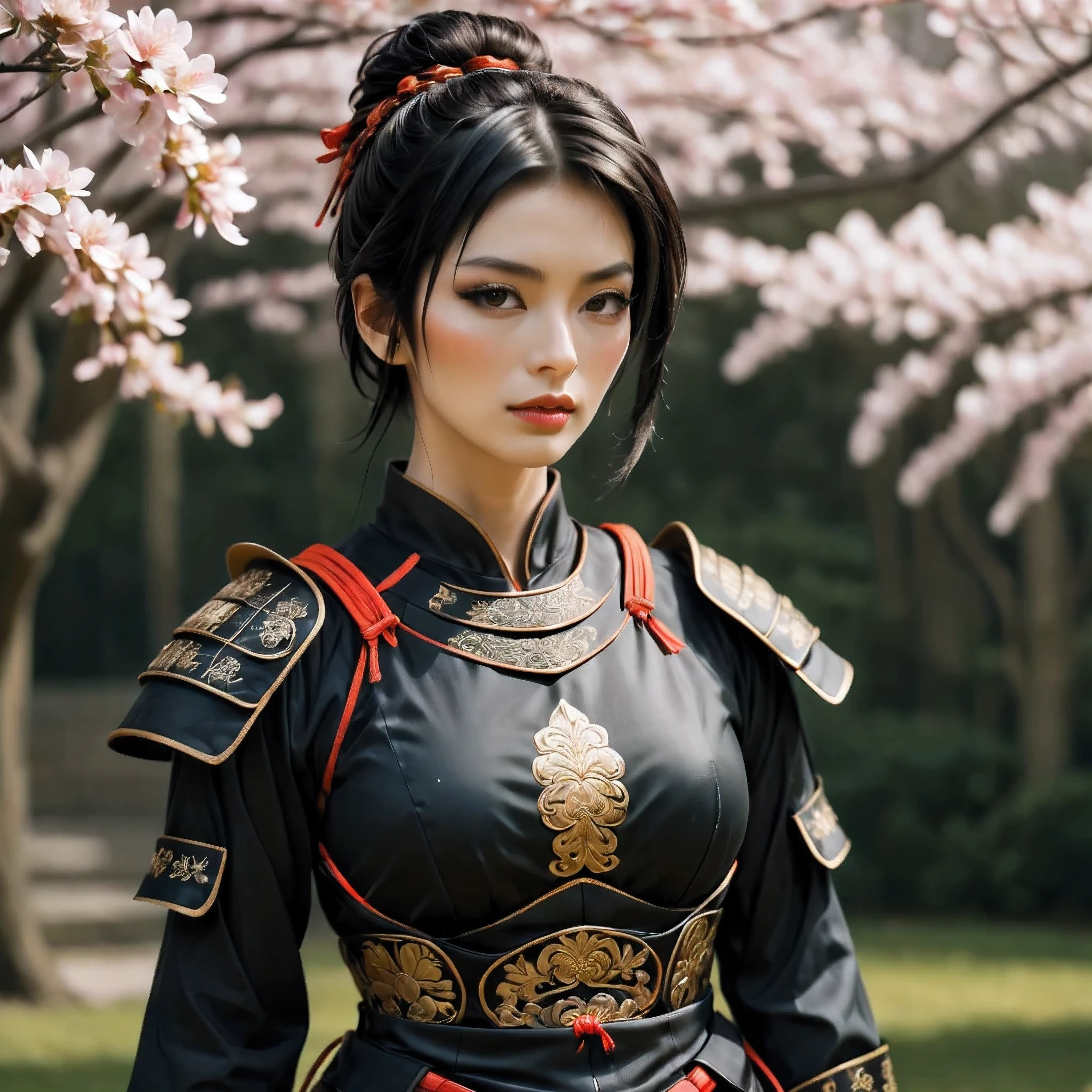 ((Full body):1.1), Photograph of Mature Beauty, golden ratio face, perfect face, fine art piece, smooth lines, Express expressions and postures through color contrast, emphasize light, shadow and space. figurative art, Dress neatly, sexy photograph, background is a sakura flower garden, (best quality, 4K, 8k, high resolution,masterpiece:1.2) ,(actual, photoactual, photo-actual:1.37). | Fresh Japan Beauty, (((Beautiful Black Hair))), (short ponytail hair style), ((beauty marks)), ((wearing samurai armor):1.4).