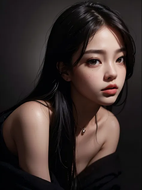 a Korean woman with very long black hair poses for a very sensual