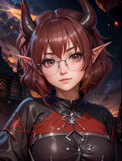 a cute redhair anime girl, lovely face, beautiful, short hair , pointy elf ears, horns, demon girl, round glasses, best quality,...