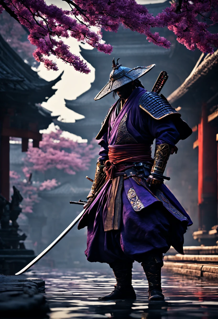 Badass Samurai intricate details, HDR, beautifully shot, hyperrealistic, sharp focus,  megapixels, perfect composition, high contrast, cinematic, atmospheric, moody 8k resolution concept art by Greg Rutkowski dynamic lighting hyperdetailed intricately detailed Splash art trending on Artstation triadic colors Unreal Engine 5 volumetric lighting Alphonse Mucha WLOP, a masterpiece, 8k resolution, dark fantasy concept art, by Greg Rutkowski, dynamic lighting, hyperdetailed, intricately detailed, Splash screen art, trending on Artstation, deep color, Unreal Engine, volumetric lighting, Alphonse Mucha, Jordan Grimmer, purple and yellow complementary colours