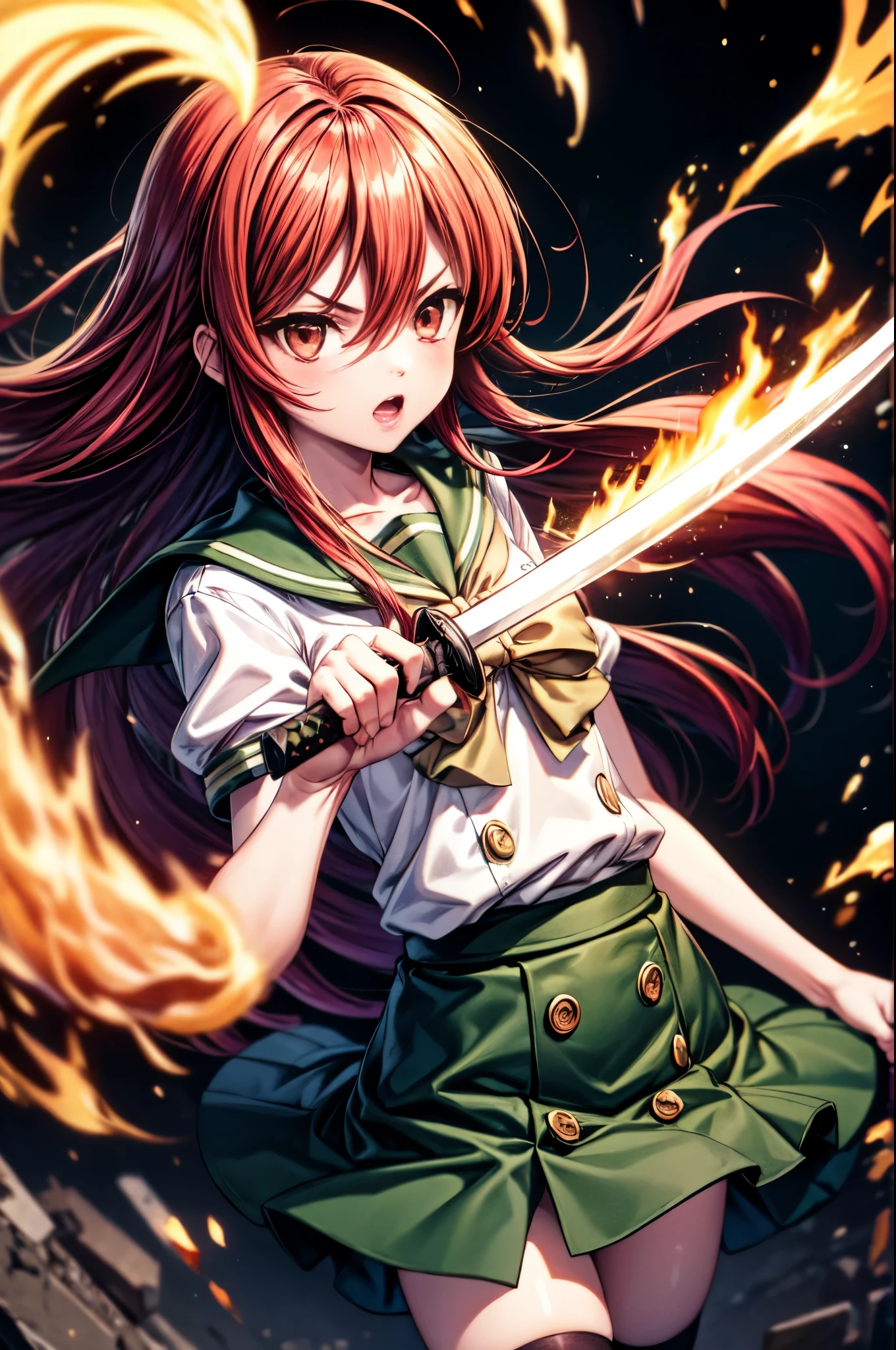 1 girl, cowboy shot, rubble ruins, anger, (battle preparation:1.2), open your mouth, (night:1.2), explosive inflammation,shana, red eyes, redhead, very long hair, hair between eyes, (Ahoge:1.1), , school uniform, serafuku, white shirt, short sleeve, green skirt, Thighhighs, black rider suit,In his left hand he holds a Japanese sword wrapped in flames.,highest quality, masterpiece, High resolution, 