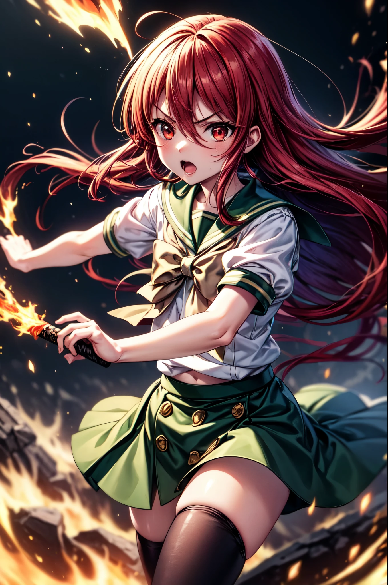 1 girl, cowboy shot, rubble ruins, anger, (battle preparation:1.2), open your mouth, (night:1.2), explosive inflammation,shana, red eyes, redhead, very long hair, hair between eyes, (Ahoge:1.1), , school uniform, serafuku, white shirt, short sleeve, green skirt, Thighhighs, black rider suit,In his left hand he holds a Japanese sword wrapped in flames.,highest quality, masterpiece, High resolution, 