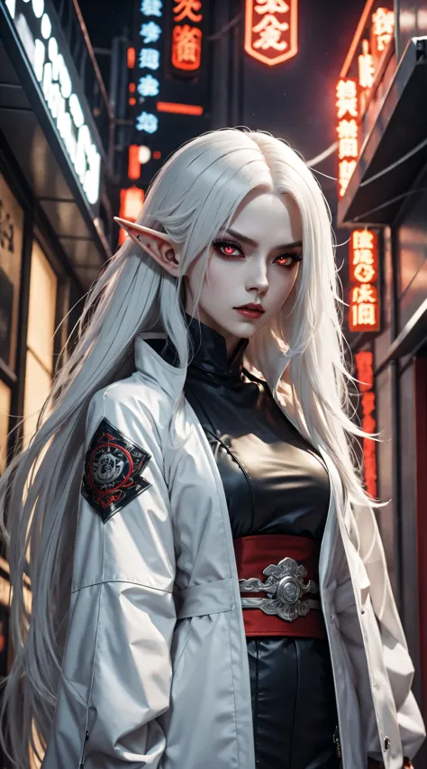 Photo of white-haired samurai wearing jacket standing in the middle of neon street , Her katana glows in the dark. masterpiece, ...