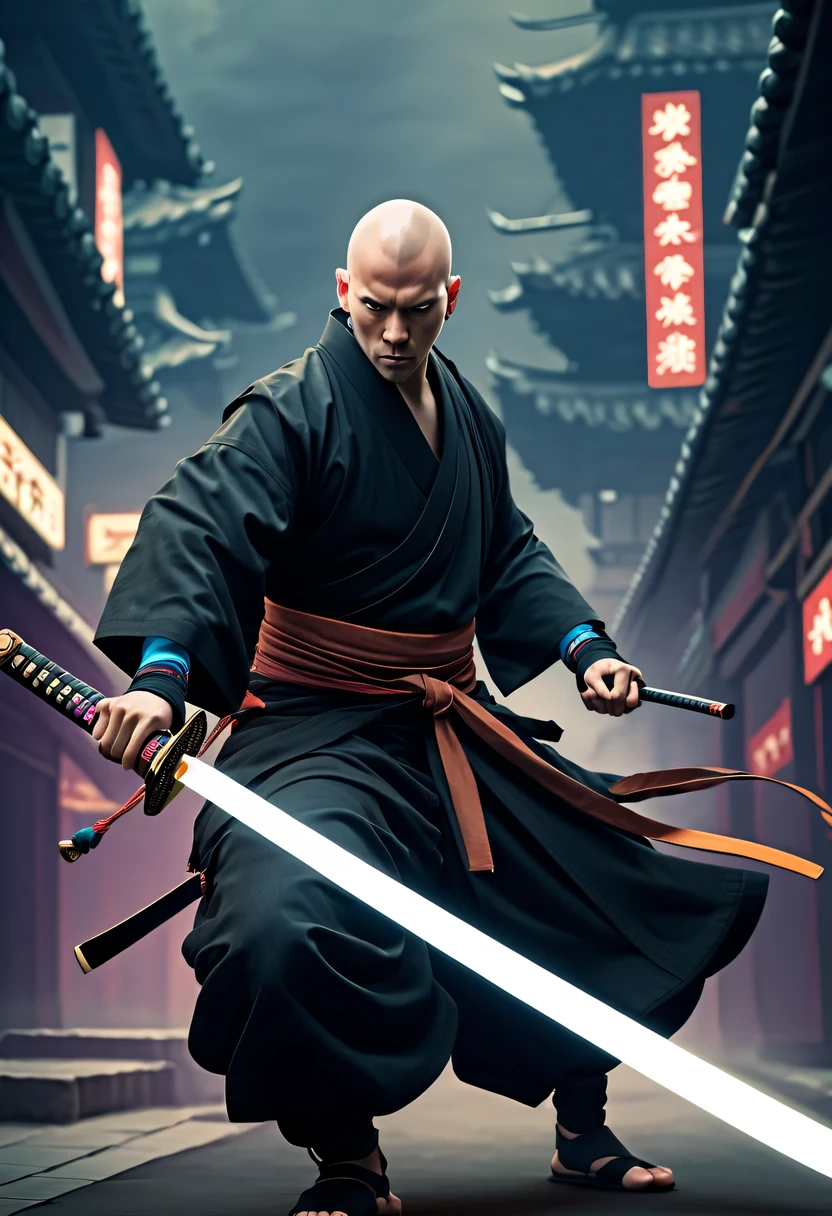 Samurai sword，sh4g0d风格赛博朋克武士，(bald，monk:1.2),bushido,robe，action shots