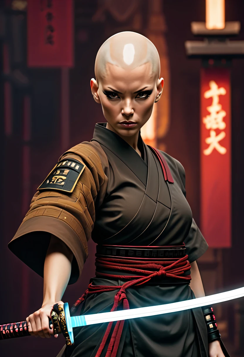 Samurai sword，sh4g0d风格赛博朋克武士，(bald，monk:1.2),bushido,robe，action shots