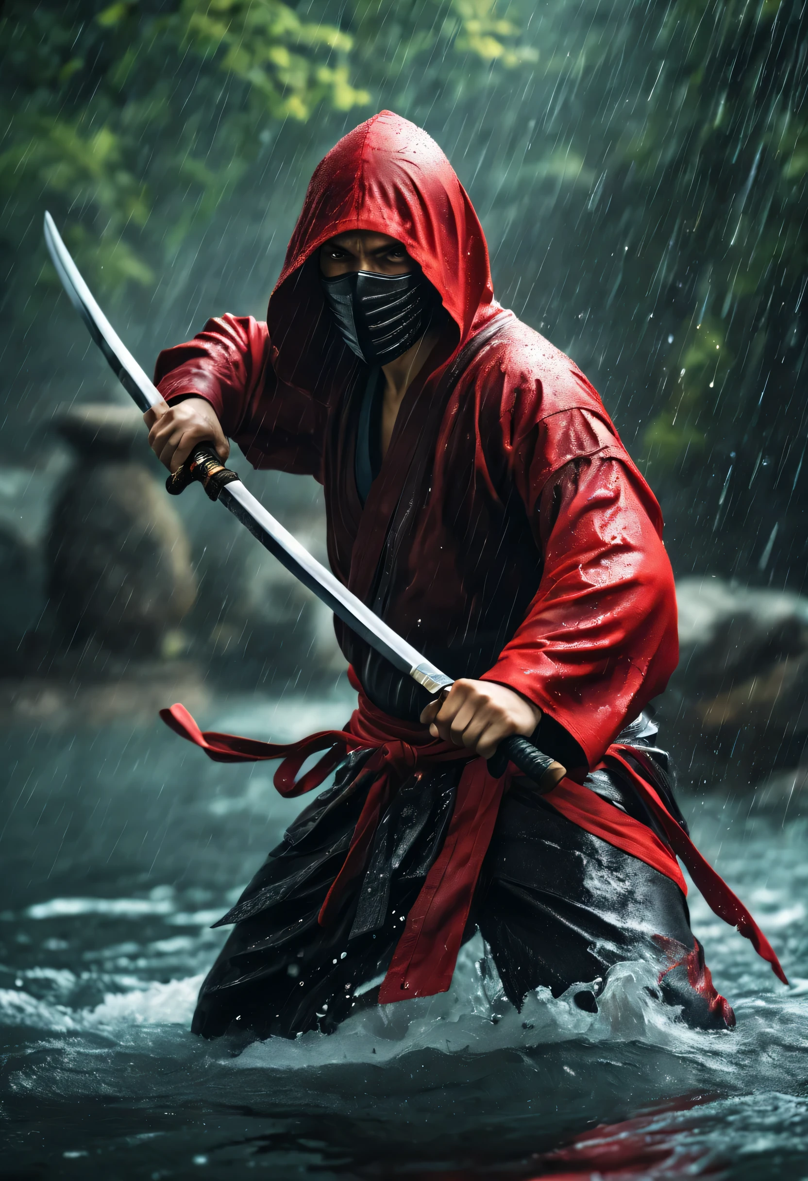 best quality，Ultra-fine，warrior appears in water ，Air，One hand holding a katana，Face mask，fighting，Dodge，avoid，lifelike，photorealism：1.37），bright colors，clear focus，Defocused，（fantasy：1.2），（mystical landscapes），（dynamic poses：1.37），（intense gaze），（Extraordinary power），（the power of myth），black and red，rainy day，Wounds on the body，splash
