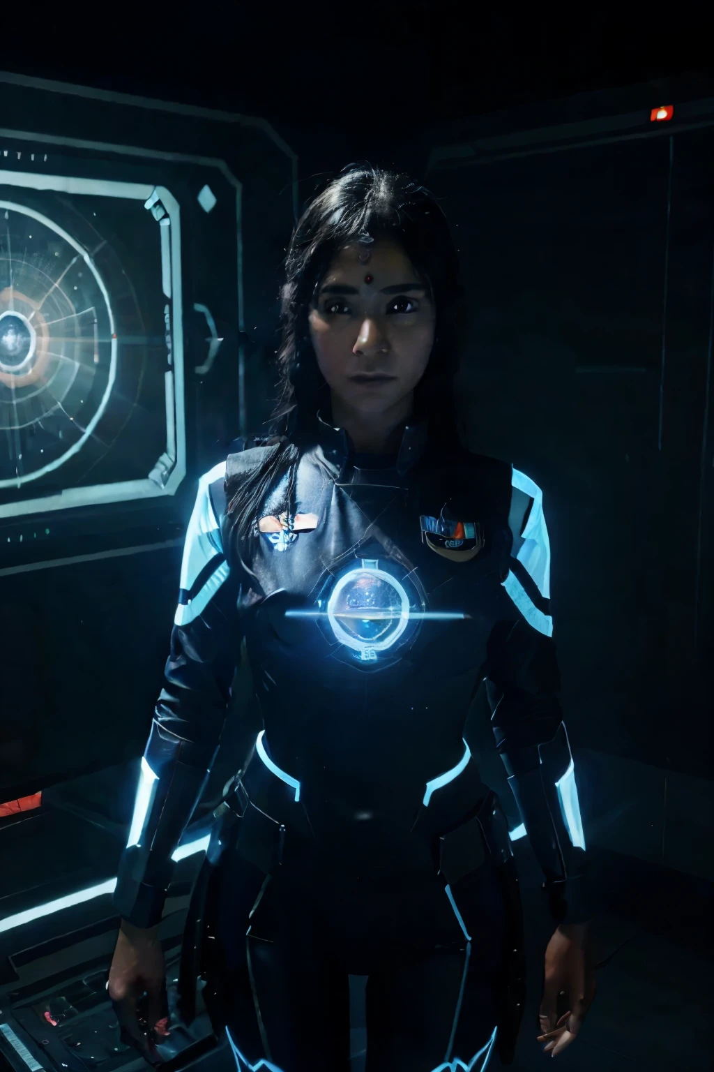 AI avatar hindu goddess of the forest in a naval officer's uniform, AI holographic character standing at parade rest in a glowing holographic projector, photo real bridge scene, hyper realistic artificial intelligent character, futuristic space bridge
