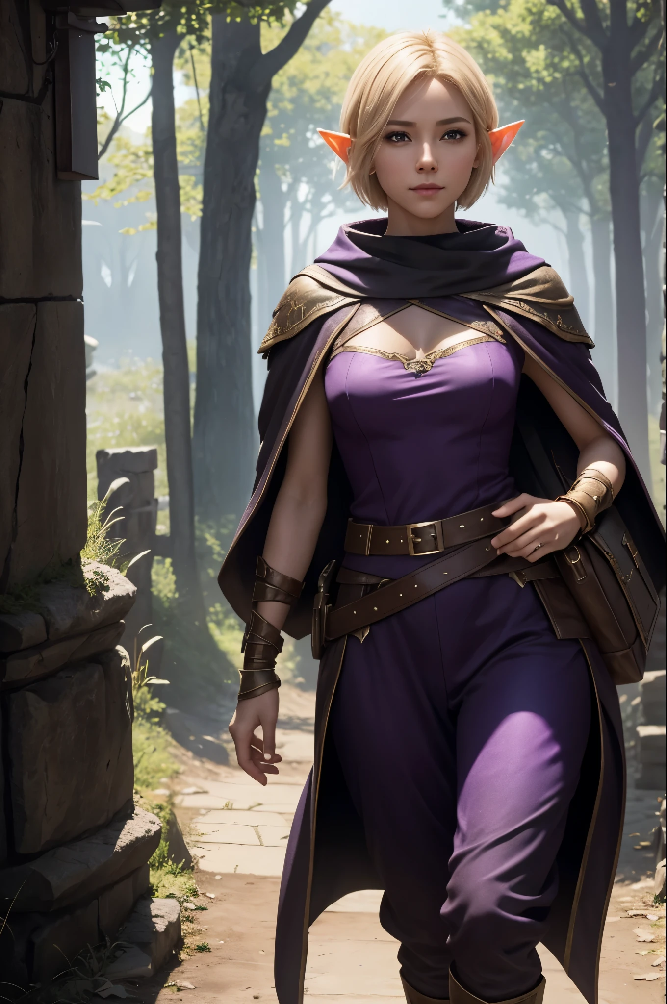 A woman in a purple outfit and a brown cape walking through a forest ...