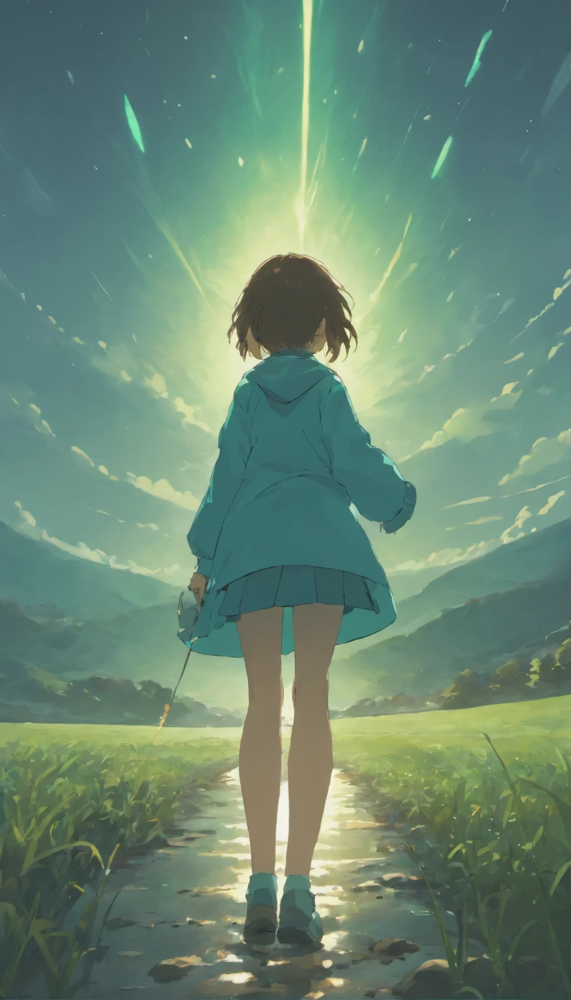 Anime girl walking on a path towards a field with a star in the sky -  SeaArt AI