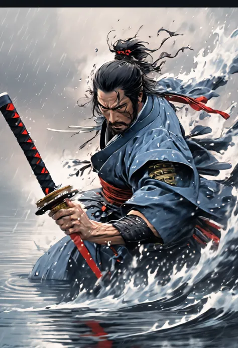 (best quality, Ultra-fine, Samurai emerge from the water, forcefully splash from clothes, One hand holds a katana, fighting, evade, Dodge, actual, photo-actual:1.37), bright colors, sharp focus, Bokeh, (fantasy:1.2),(mystical landscapes), (dynamic poses:1....