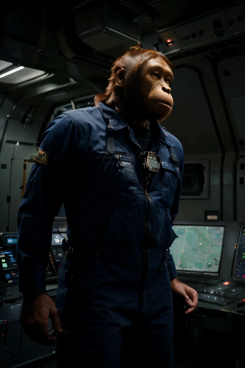 (male orangutan in an engineer officer coverall), male anthropomorphic orangutan naval officer, (photo realistic ape officer in uniform on a space ship bridge), hyper realistic ape officer talking to a crew member nearby, futuristic space ship scene, (wearing a blue navy uniform)