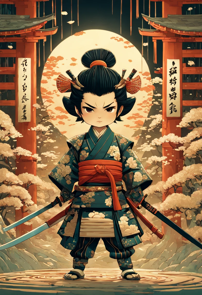 um adorável samurai chibi com roupas tradicionais japonesas complexas, um desenho altamente intrincado e hiperdetalhado, Greg Rutkowski, derrotou Ngai, Sakiyama, Arte de capa, Exposição longa, cel-shaded, Design de personagem, Sombreamento 3D, 3DEXCITE, premiado Épico cinematográfico brilhante deslumbrante intrincado meticulosamente detalhado dramático atmosférico maximalista