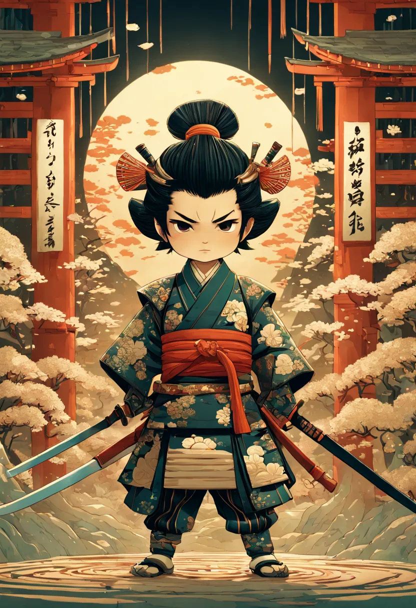 an adorable samurai chibi with traditional Japanese intricate clothes, a highly intricate and hyperdetailed drawing, Greg Rutkow...