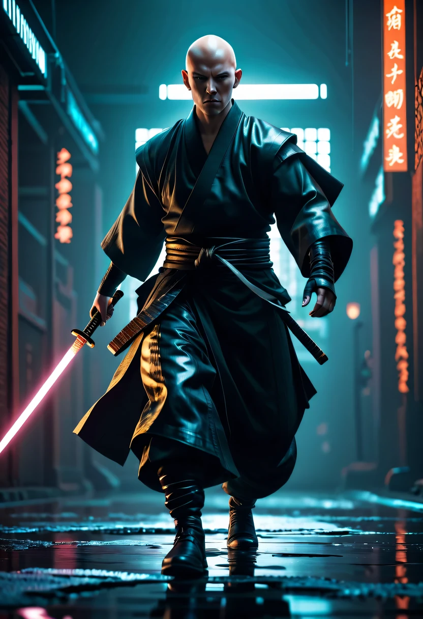 Cyberpunk-Samurai im Sh4g0d-Stil，(bald，monk:1.2),Starke dynamische Haltung，Kampf，leuchtendes Licht, reflektiertes Licht, Schatten, göttliches Licht, 8k, ultra-detailliert, präzise, beste Qualität