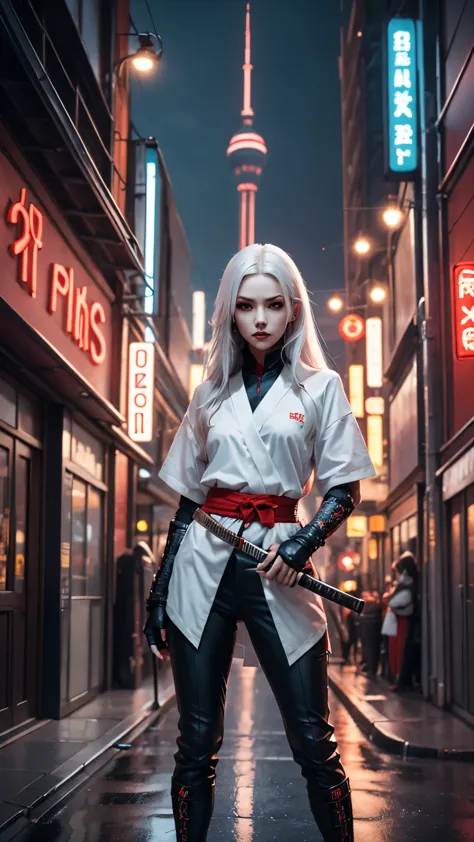 (best quality,highres),a white-haired female samurai with tattoos standing in the middle of a neon-lit street,neon lights,glowin...