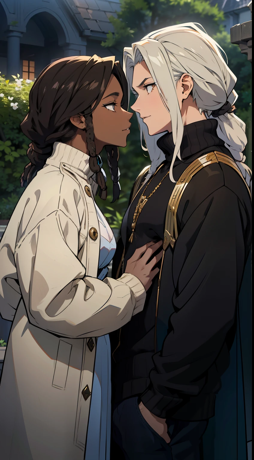 "Produce an anime-style image that celebrates&#39;amour entre les couples noirs. la fille, peau noire, peau noire, peau noire 1.5,  avec cuir noir et fines tresses africaines, il a ((yeux verts)) charmant. Votre partenaire, {dark skin and hair: 1,5}, ((Courtes de dreadlocks)), a des yeux blancs expressifs. Both wear loose coats with gold details., ajouter une touche de sophistication. Located in a garden, the scene depicts passionate kisses between them. Transmettez l&#39;intensity of l&#39;amour éternel entre ces amants noirs, showcasing their unique characteristics and the romantic bond that&#39;ils partagent. Manteau {((stylish sweaters, super tendance, super look))}".