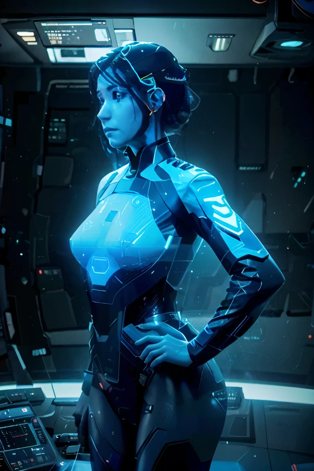 A group of navy officers talking to a small holographic projection of a female ai navy officer, virtual character, holographic (projection of an AI avatar on a spaceship bridge), photo realistic hologram, hyper realistic ghost officer, projection of a hispanic female AI officer