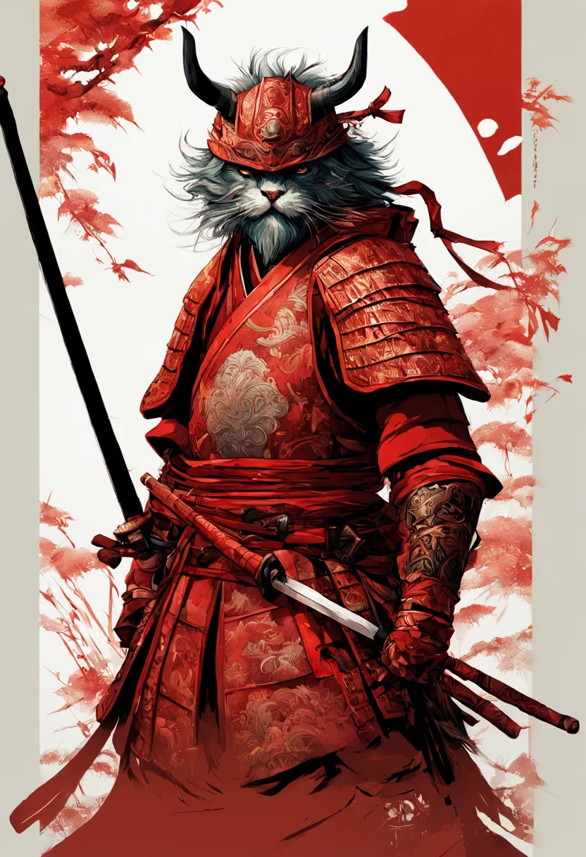 Fluffy Samurai in Red Armor, highly detailed, intricate motifs, organic tracery, perfect composition, digital painting, artstati...
