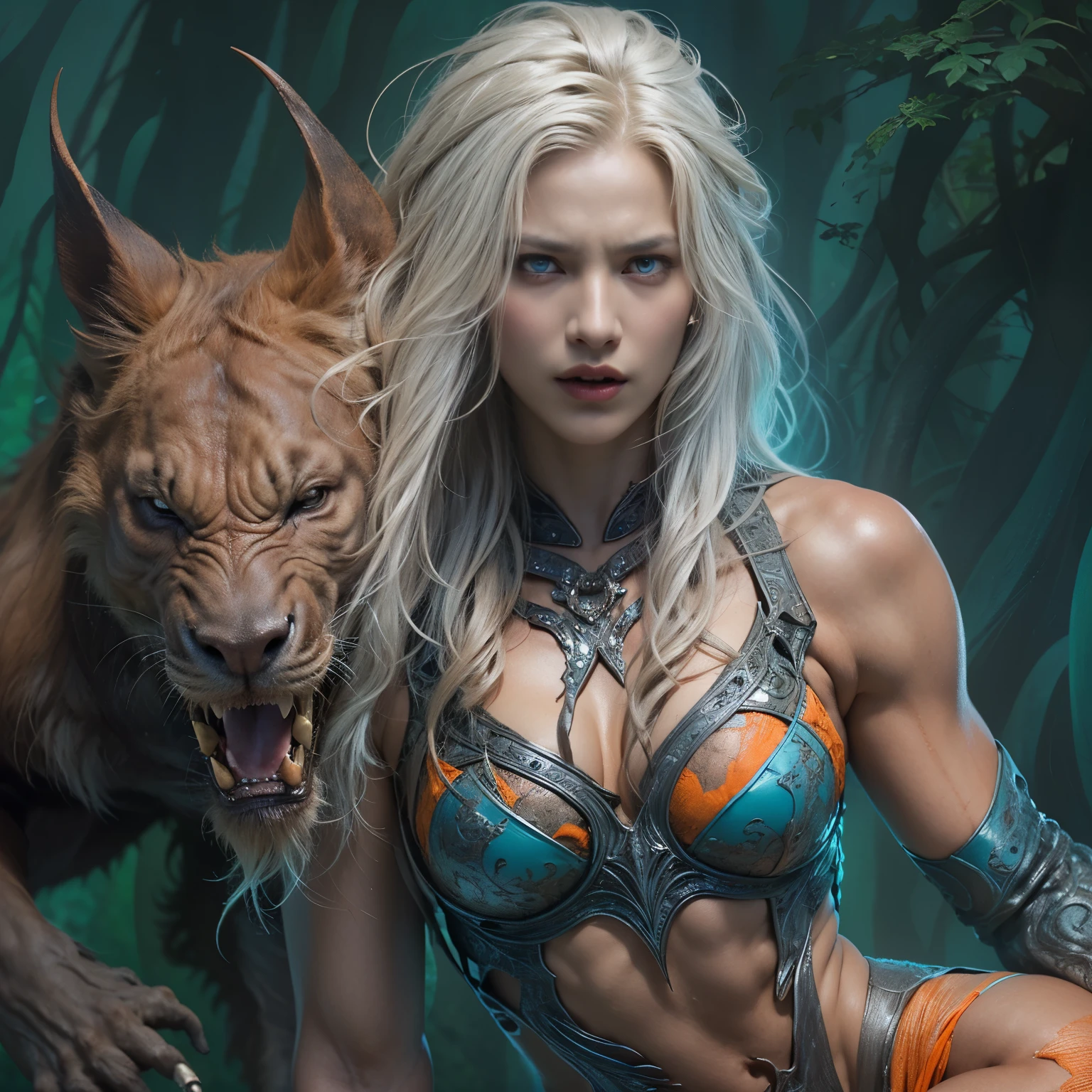 1 female alien, The predator, (extremely beautiful:1.2), (intense gaze:1.4), (predator:1.1), long dark claws, (NSFW:0.8), nipples, thick eyebrows, (shine orange blue eyes:1.5), the most beautiful face in the universe, NSFW, platinum blonde hair,
intricate artwork, ultra realistic realism, high resolution, High freshness, drawing faithfully, official art, Unity 8K Wall paper, ultra detailed artistic photography,
A woman predator with an extremely beautiful face, her intense gaze fixed on her prey, a primal force that could not be denied.

(beautiful lean body:1.5), (muscular build:1.2), (prowling:1.3), (sleek movements:1.4)

Her beautiful body, muscular and toned, moved with sleek grace as she prowled, ready to strike at a moment's notice. The predator within her was always on