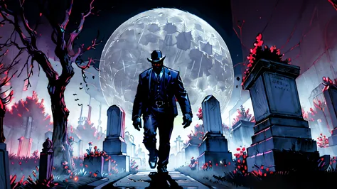 Cemetery security guard walks through a gloomy cemetery full of ghoulish trees and ancient tombs on a full moon night, encounter...