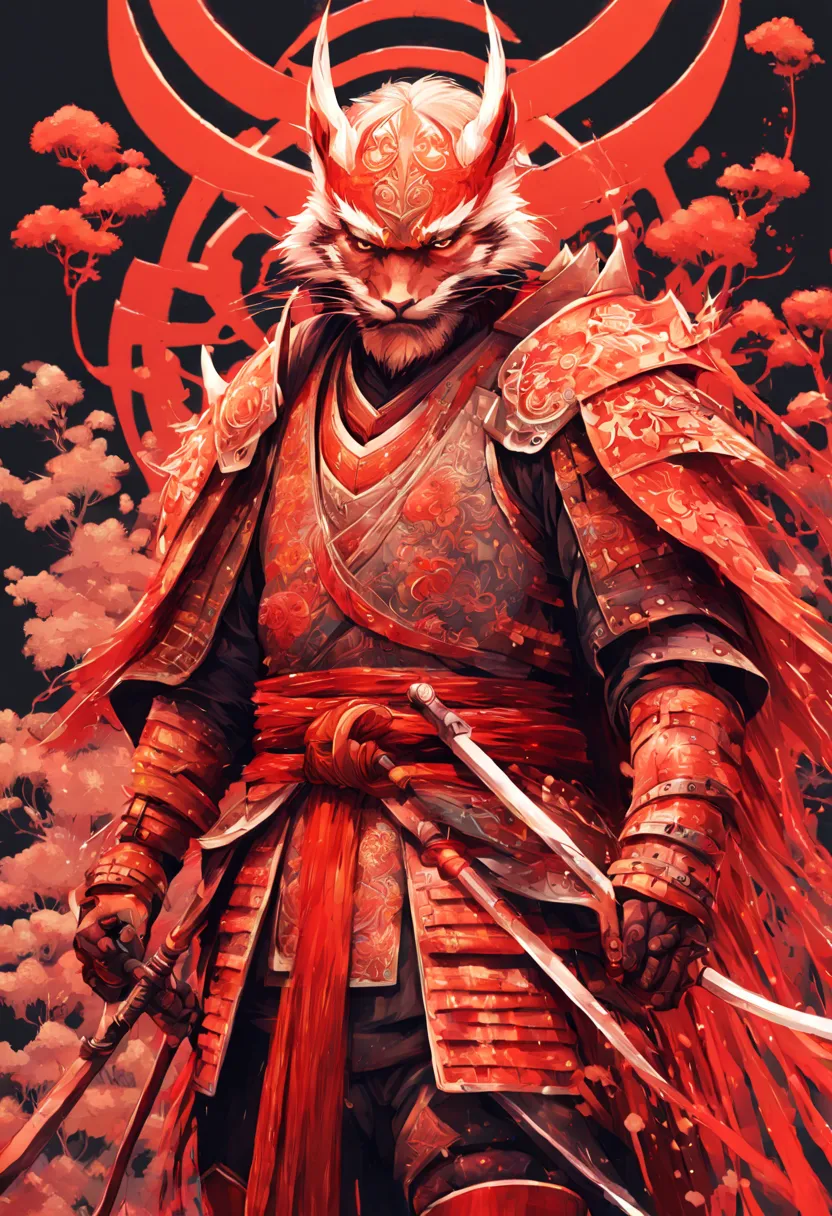 Fluffy Samurai in Red Armor, highly detailed, intricate motifs, organic tracery, perfect composition, digital painting, artstati...