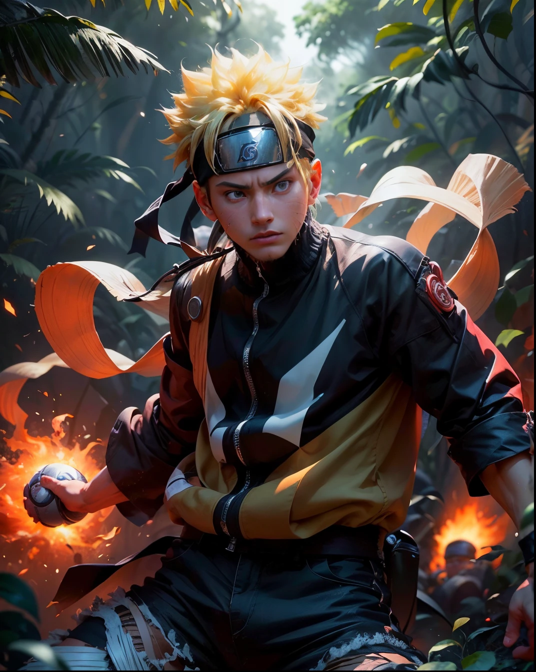 (best quality), (Masterpiece), very detailed, 1 boy, Uzumaki Naruto, epic gesture, action, fight, energy ball, particle effect, long-sleeved shirt, Emphasis line, movement lines, (swirls:1.2), Kamehameha, expenses, energy ball, electricity, Aura, Jungle Battle vs Samurai 1.4, fight in the forest bamboo,